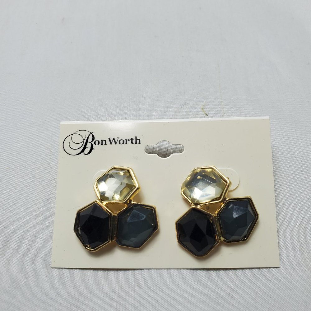 BonWorth pentagon shape gold tone black and clear gem stone pierced earring